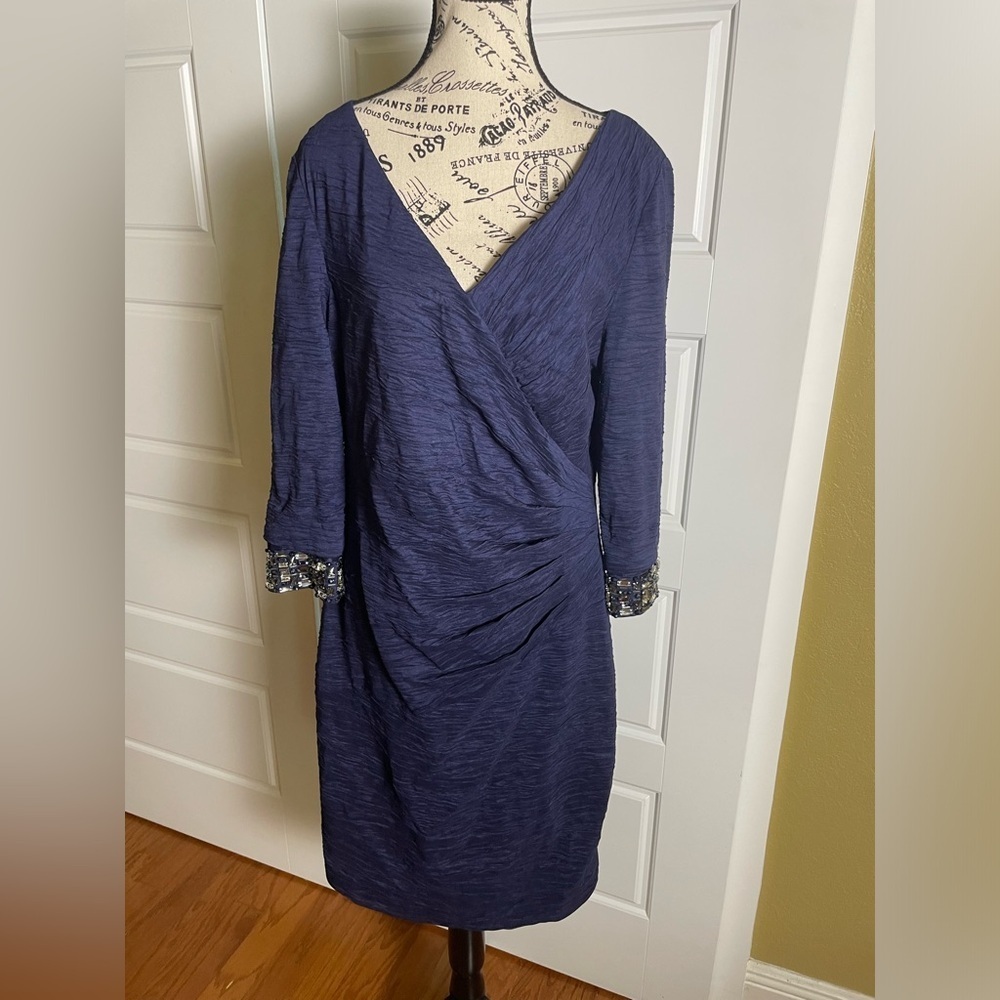 Eliza J Navy Blue Cocktail Dress Rhinestone embellished Cuff Sleeve 14